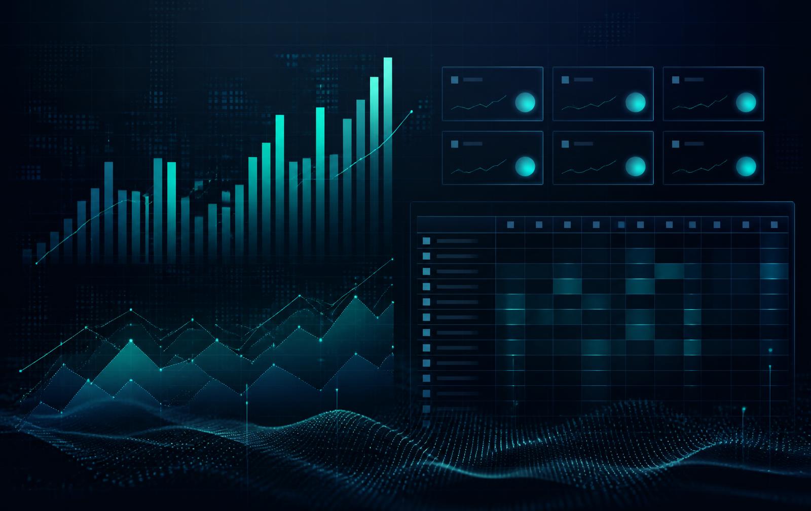 Abstract dashboard artwork with bar charts, KPI tiles and a data grid